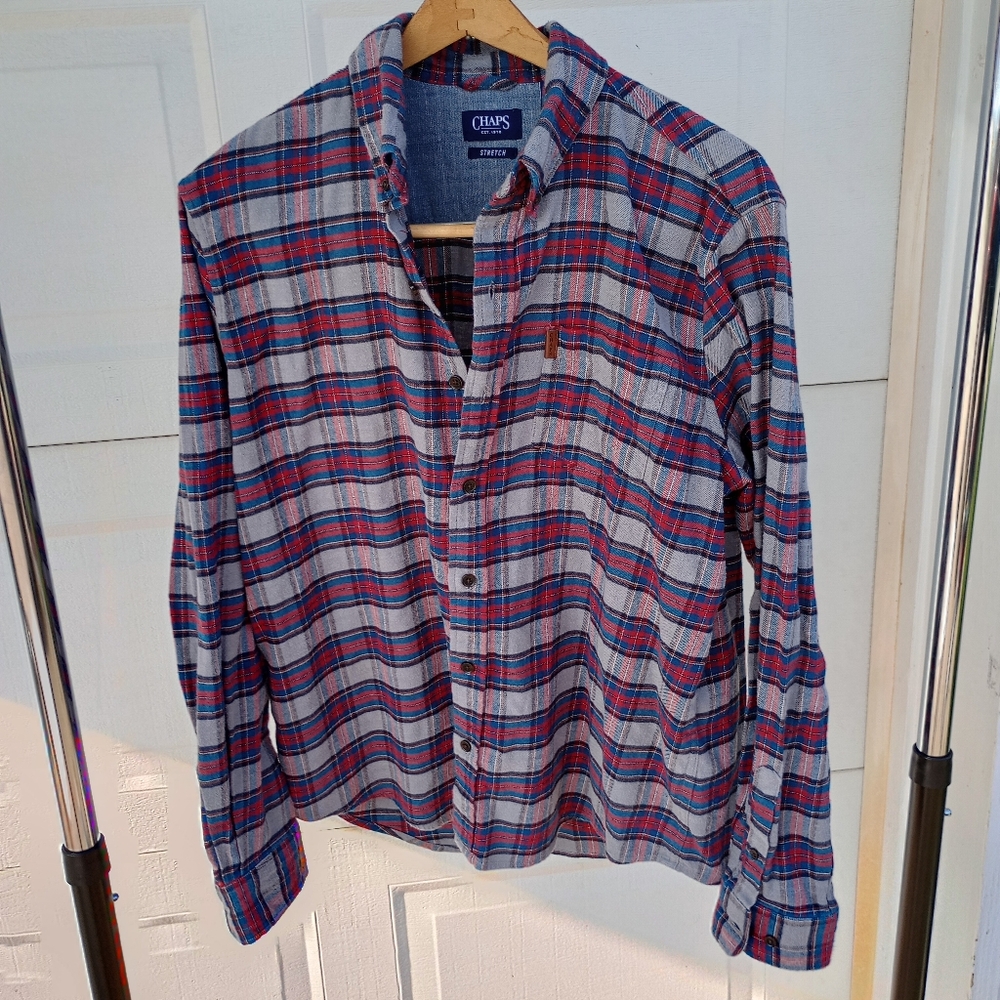 Chaps Blue and Red Casual Button Down Shirt Relaxed Fit Flannel